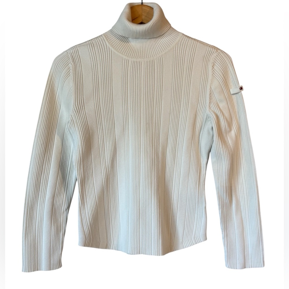 Vtg Tommy Hilfiger Y2K White Sweater Turtleneck Ribbed Logo Women's Size L